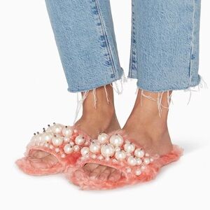 Miu Miu Coral Furry Slides with Pearls